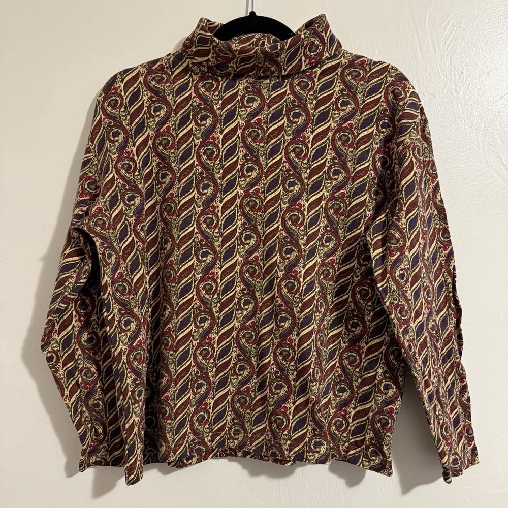 90s Hunt Club Long Sleeve Turtleneck Petite Medium Cotton Paisley Print Grandma